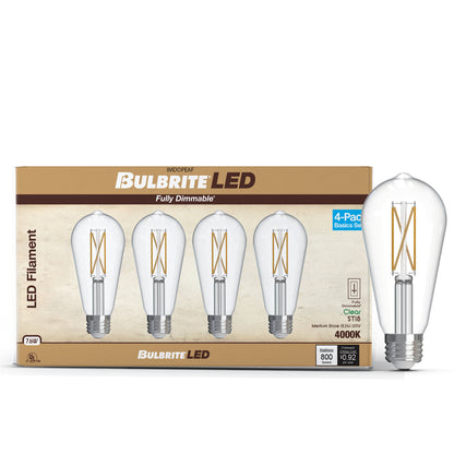 Bulbrite 776244 LED Filament Pack of 4, 7.6 Watt Dimmable ST18 Light Bulb with Clear Finish and Medium Screw E26 Base - 4000K(Cool White Light), 800 lumens