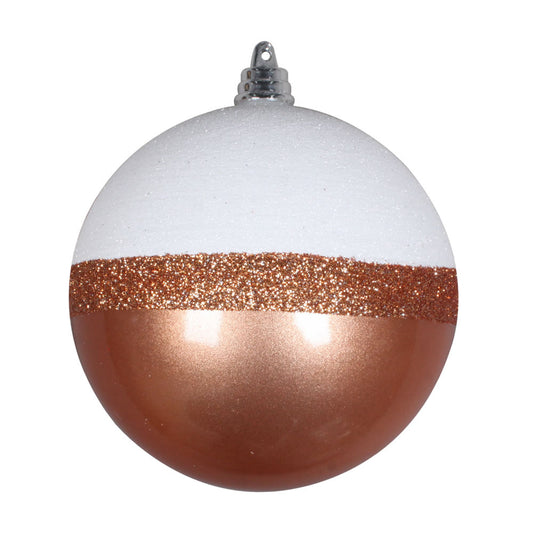 Vickerman 4" Rose Gold Candy/White Glitter Ball 6/Bg. This ornament features a white glitter top a stripe of rose gold glitter and a candy finish bottom. Includes 6 pieces per bag. Made of shatterproof plastic.