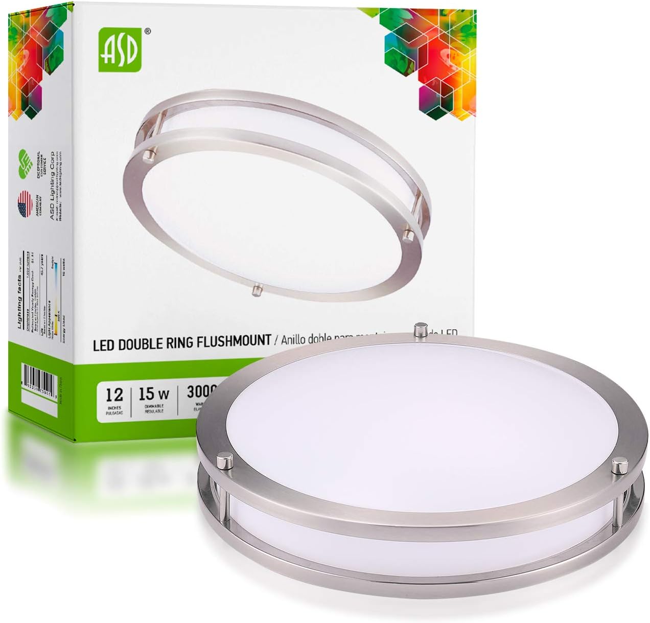 ASD Lighting LED Double Ring Flushmount 12" 15W Dimmable 3000K Brushed Nickel cETLus