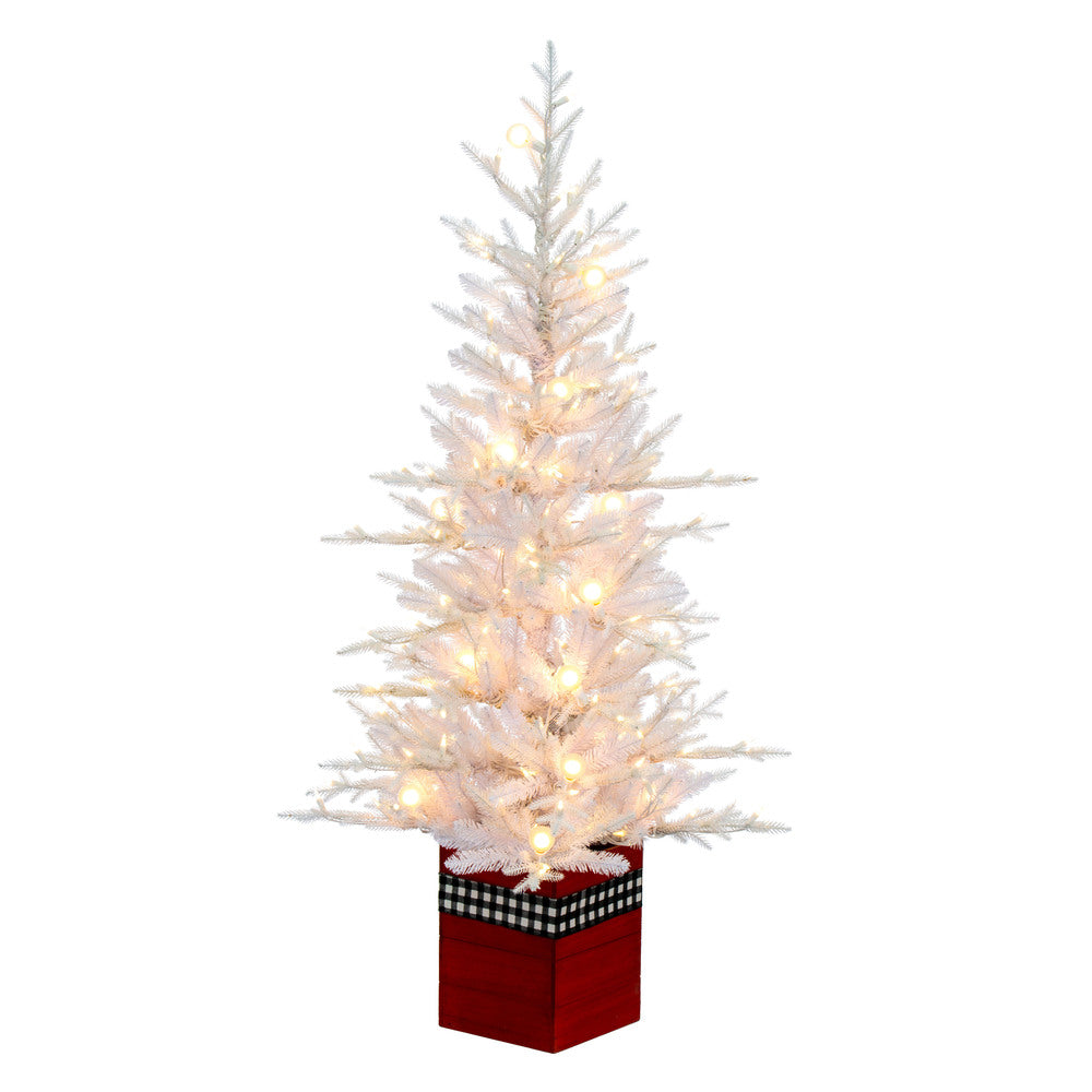 Vickerman 4' x 30" White Fraser Fir Artificial Pre-Lit Christmas Tree Warm White Lights Red Wood Container
