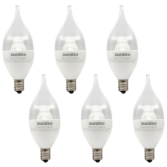 Sunlite 80754 LED B11 Clear Chandelier CTC Light Bulb, 4.5 Watts (40W=), 300 Lumens, 120 Volts, Dimmable, Candelabra E12 Base, 90 CRI, ETL Listed, Torpedo Tip, 2700K Soft White, 6 Pack