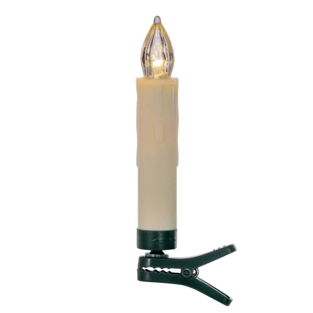 Vickerman 10 Piece 4.25" Tall Clip-on Battery Operated Remote Controlled Candle Lights.  Each Candle Light uses 1 AAA Battery and the Remote includes one CR2025 Battery. Remote Functions are Steady On/Off, Slow/Fast Flicker and Dimmer.