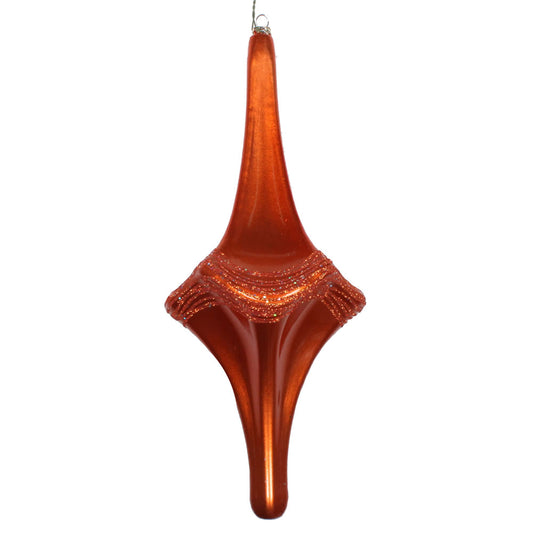 Vickerman 12" Burnish Orange Candy Glitter Drop Ornament. This ornament is the perfect addition to any holiday decorating project. Each ornament features a drilled cap with threaded wire for easy decorating.