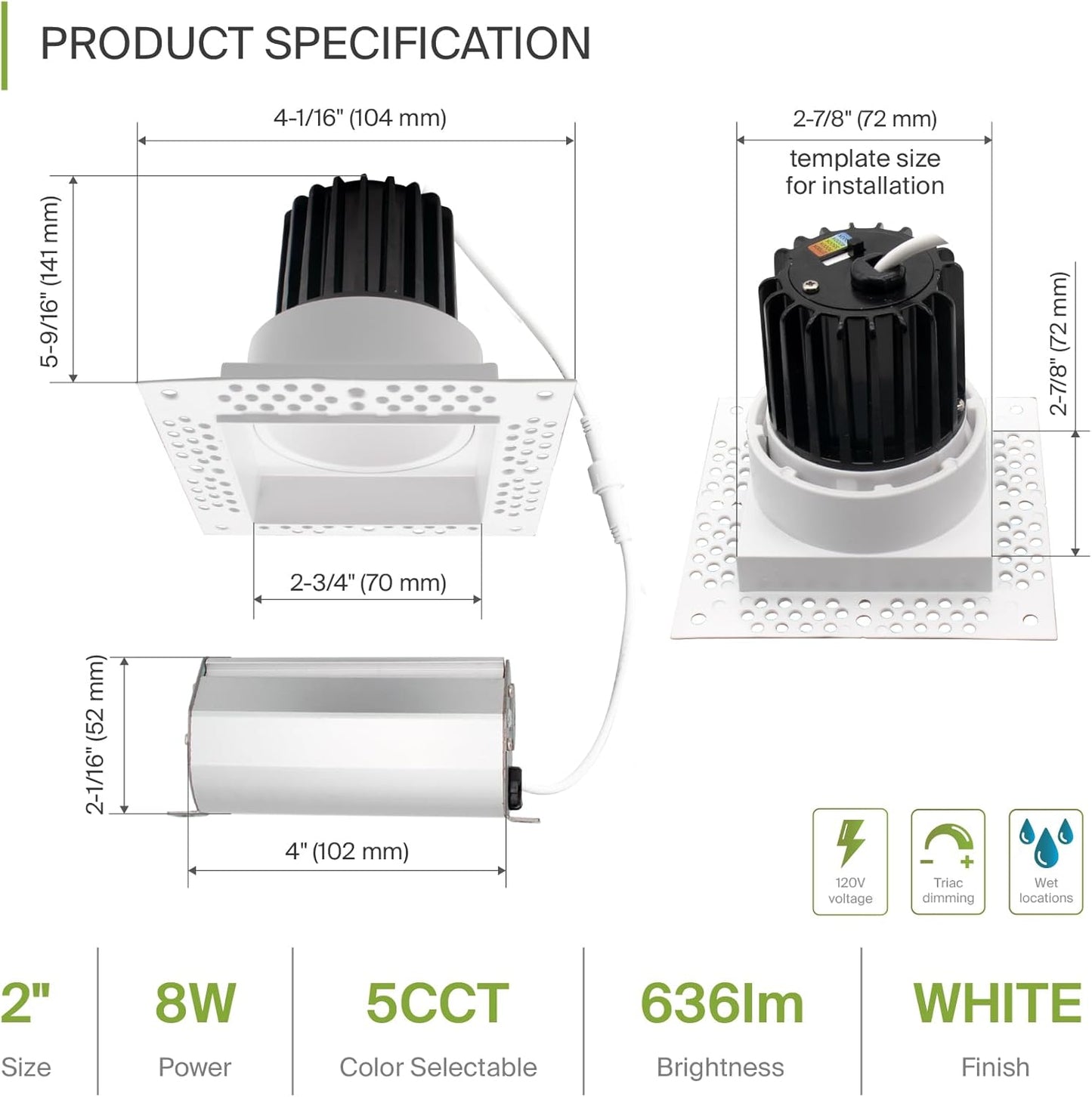 ASD Lighting LED Trimless Downlight Square 2inch 8W 120V Triac 2700/3000/3500/4000/5000K White ETL Energy Star