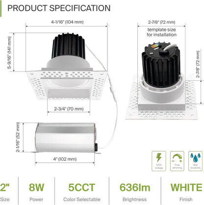 ASD Lighting LED Trimless Downlight Square 2inch 8W 120V Triac 2700/3000/3500/4000/5000K White ETL Energy Star