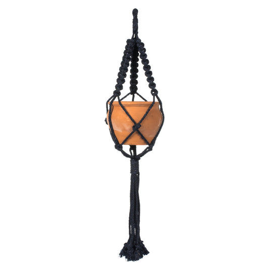Vickerman 4.5" Terracotta Pot in Black Rope Hanger. This terracotta pot is cradled in a navy blue rope hanger. This pot incorporates great in modern decor. This pot measures 4.5 inches tall and 5.75 inches wide.   50% TERRACOTTA 50% POLYESTER