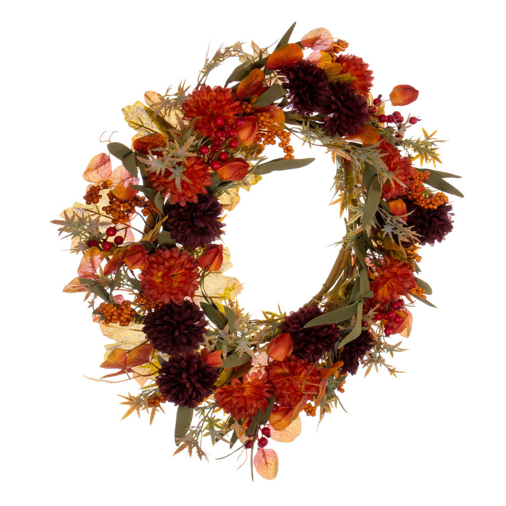 Vickerman 20" Orange and Burgundy Artificial Mixed Mum Chinese Lantern and Berry Wreath.