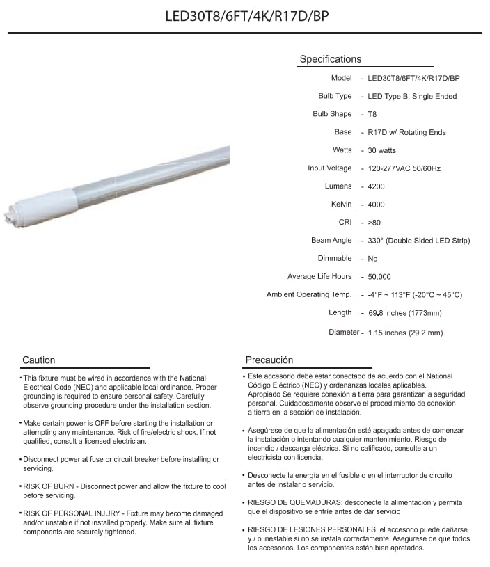 Damar- 6Ft T8 LED Tube Light Bulb Type B Ballast Bypass Single End 30W 4200 Lumens 4000K Cool White R17D Base with Rotating Ends 120-277VAC Pack of 10- Fluorescent Replacement for Garage Workshop