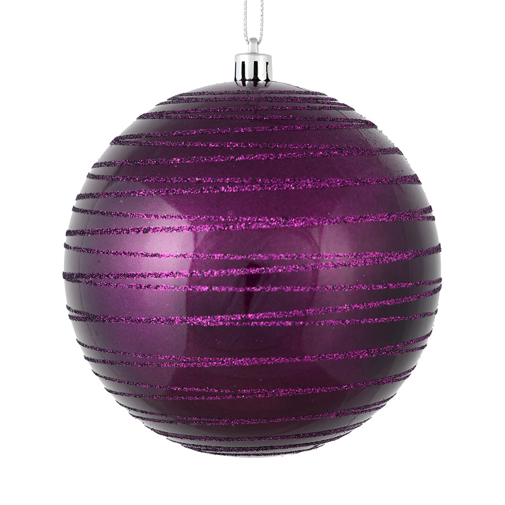 Vickerman 4.75" Plum Candy Finish Ball Ornament with Glitter Lines 4 per Bag