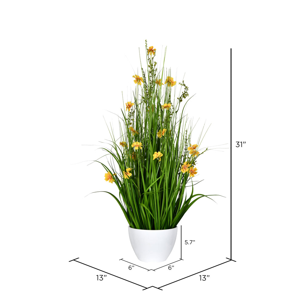 Vickerman 31" Artificial Potted Yellow Cosmos and Green Grass.