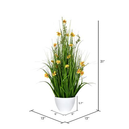 Vickerman 31" Artificial Potted Yellow Cosmos and Green Grass.