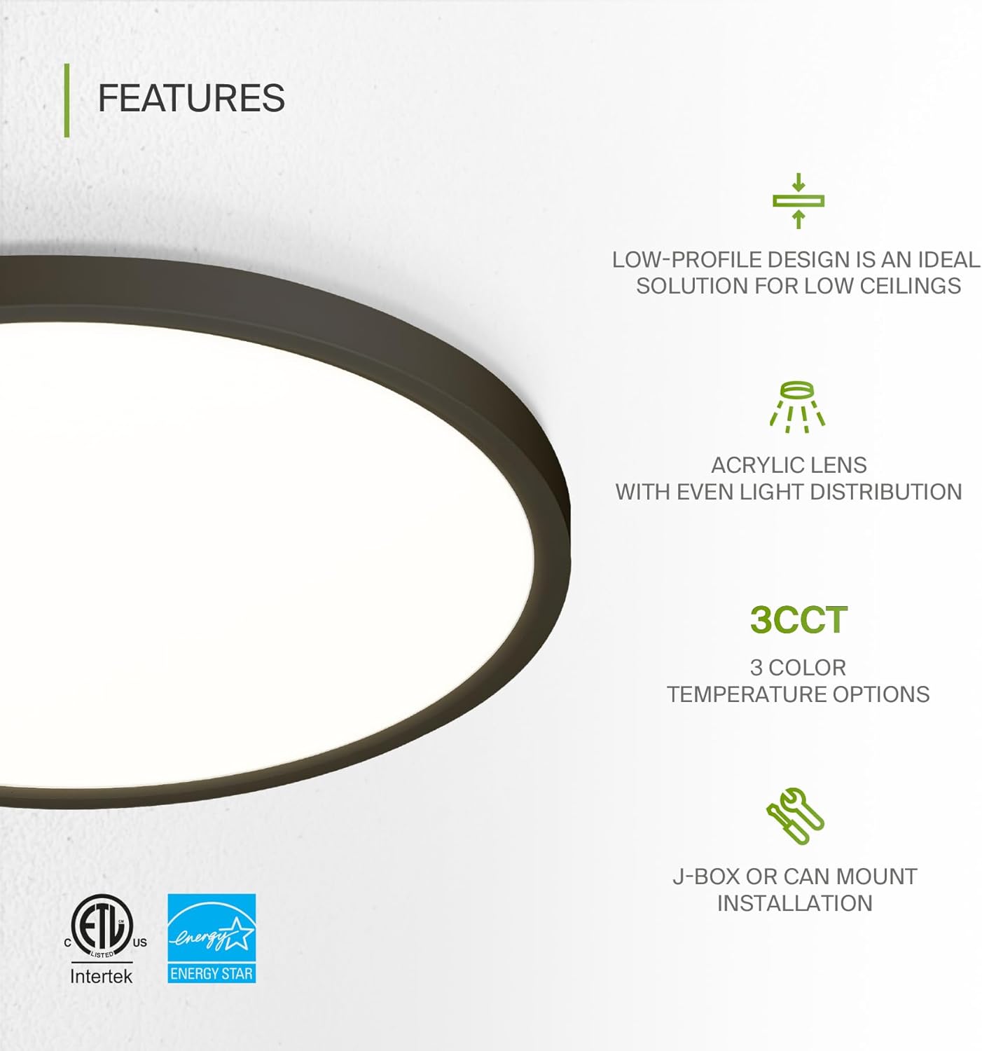 ASD Lighting LED Round Surface Mini Panel 12" 24W 120V CCT Selectable 3000/4000/5000K Dimmable Oil Rubbed Bronze ETL Energy Star