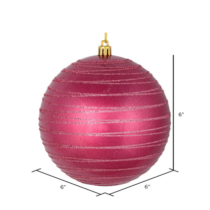 Vickerman 6" Berry Red Candy Finish Ball Ornament with Glitter Lines 3 per Bag