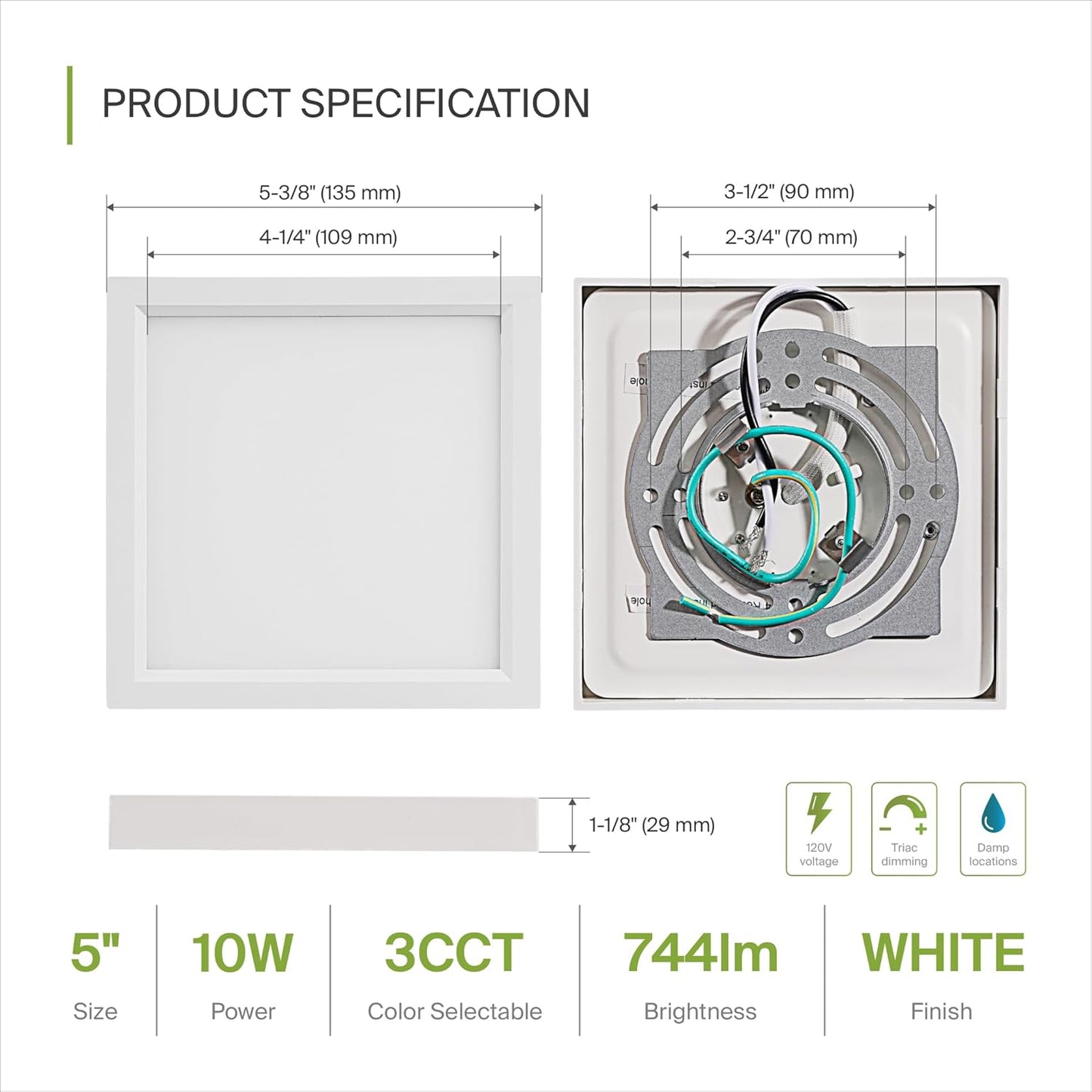 ASD Lighting LED Surface Mini Panel Square 5inch 10W 120V Triac 3000/4000/5000K White ETL 6 pack