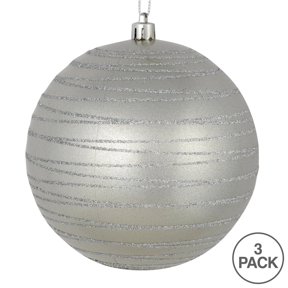 Vickerman 6" Silver Candy Finish Ball Ornament with Glitter Lines 3 per Bag