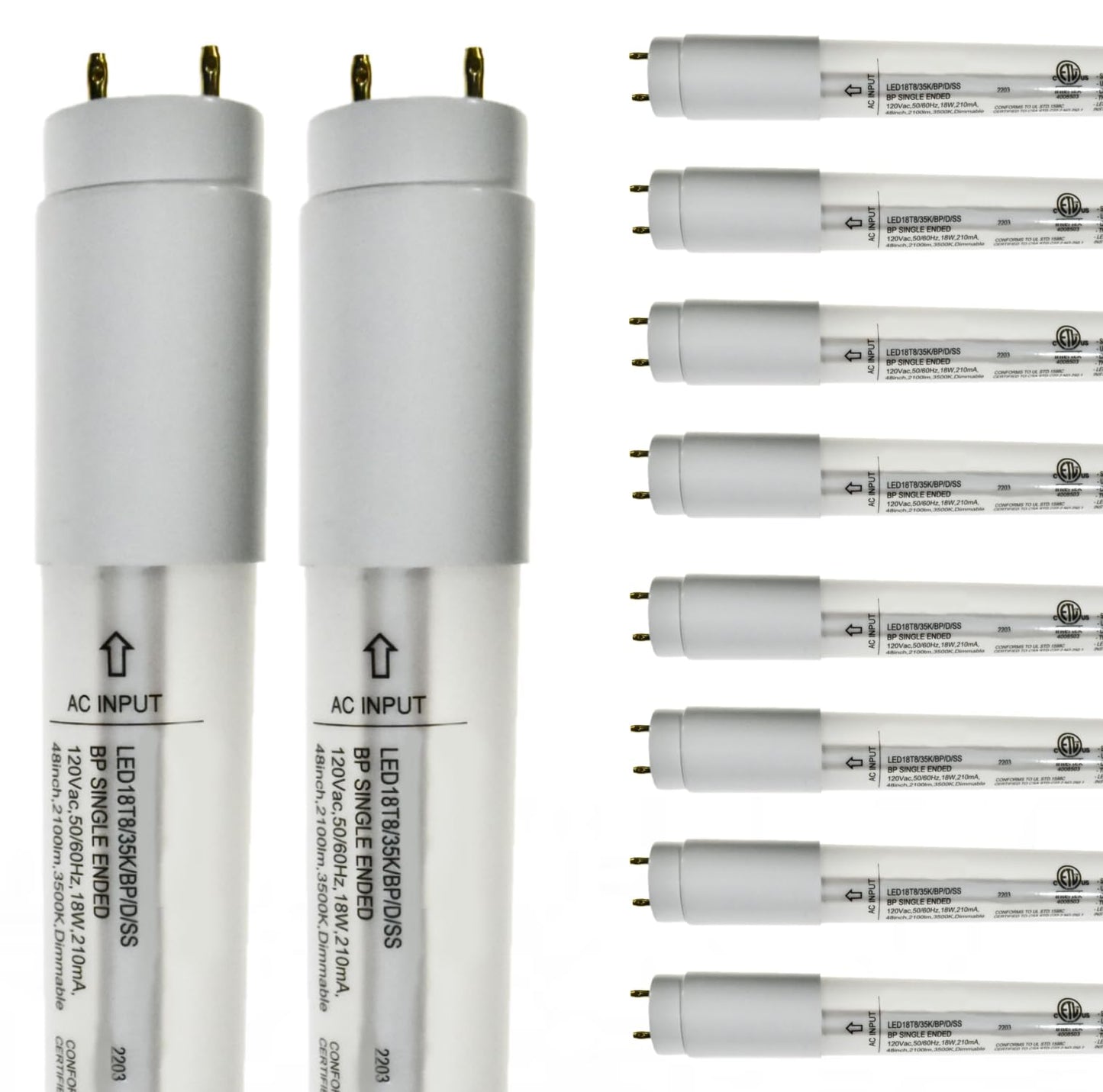Damar- 4Ft T8 LED Tube Light Bulb Type B Single Ended Ballast Bypass Safety Shielded 18W 2100 Lumens 3500K Neutral White Dimmable G13 Bi-Pin Base 120V ETL Listed Pack of 10- Fluorescent Replacement
