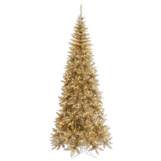 Vickerman 9' Champagne Tinsel Fir Slim Artificial Christmas Tree Warm White Dura-lit LED Lights