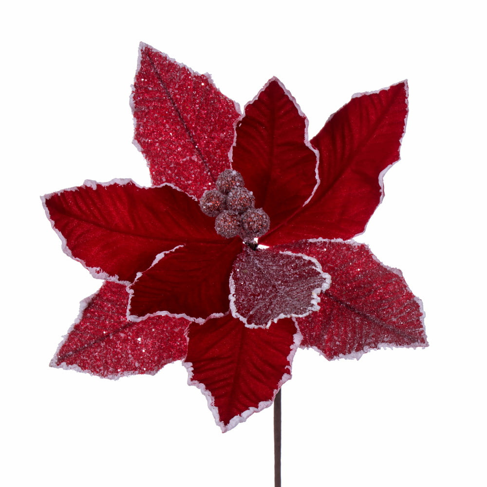 Vickerman 17" Artificial Red Glitter Petal Poinsettia Christmas Stem 5 per bag
