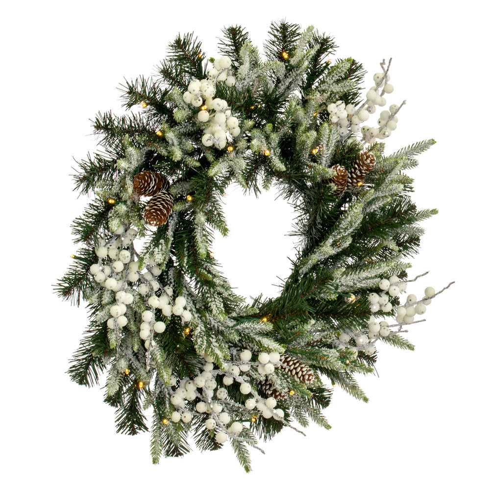 Vickerman 24" Frosted Berry Mixed Pine Cone Artificial Pre-Lit Wreath Battery Operated LED Lights