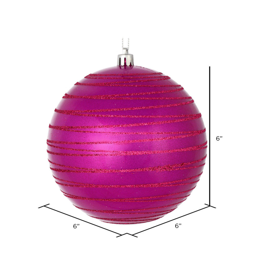 Vickerman 6" Fushia Candy Finish Ball Ornament with Glitter Lines 3 per Bag