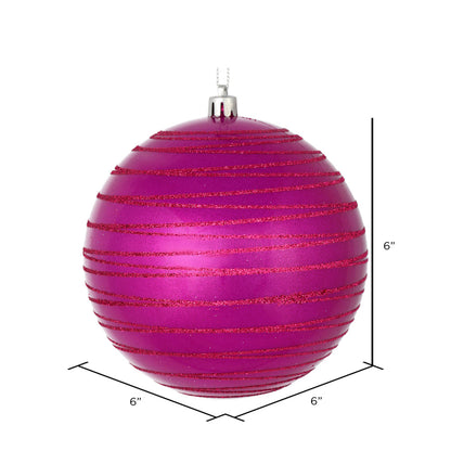 Vickerman 6" Fushia Candy Finish Ball Ornament with Glitter Lines 3 per Bag