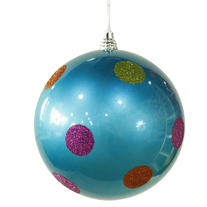 Vickerman 8" Turquoise Candy Finish Ball Christmas Ornament with Multi-Colored Polka Dots