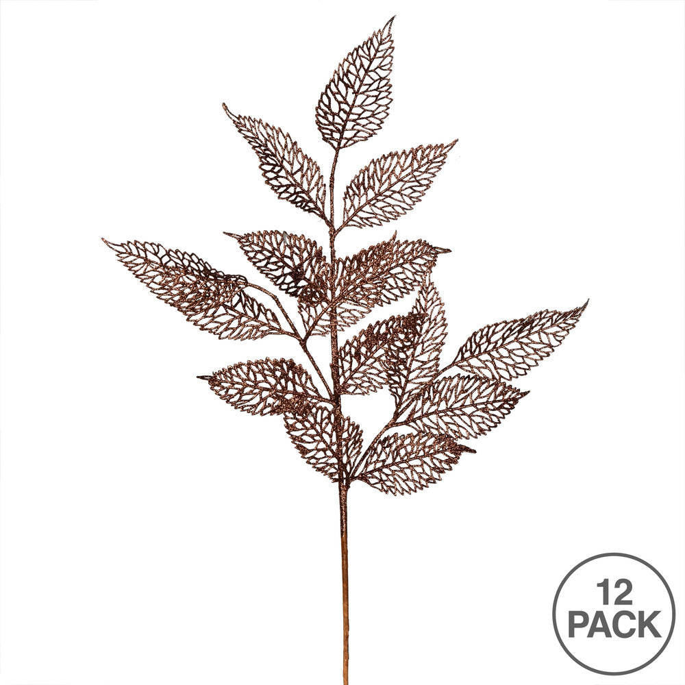 Vickerman 27" Chocolate Glitter Bay Leaf Lace Artificial Christmas Spray. Includes 12 sprays per pack.