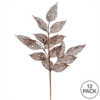 Vickerman 27" Chocolate Glitter Bay Leaf Lace Artificial Christmas Spray. Includes 12 sprays per pack.