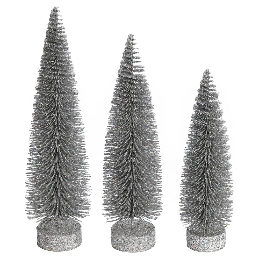 Vickerman 12"-14"-16" Silver Glitter Oval Pine Artificial Christmas Tree Set of 3