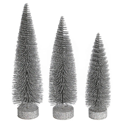 Vickerman 12"-14"-16" Silver Glitter Oval Pine Artificial Christmas Tree Set of 3