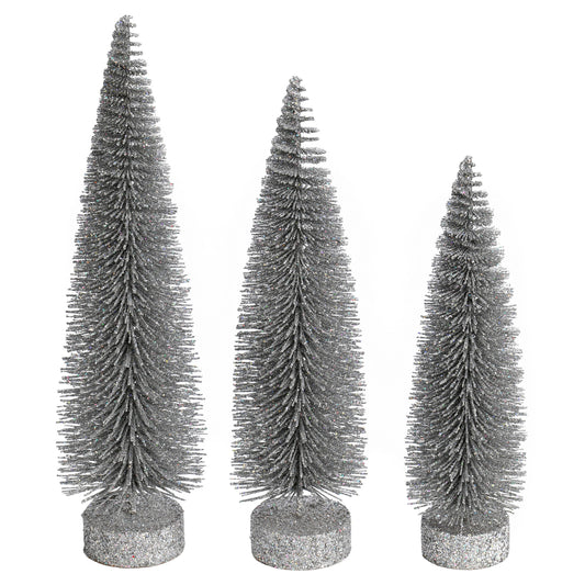 Vickerman 12"-14"-16" Silver Glitter Oval Pine Artificial Christmas Tree Set of 3