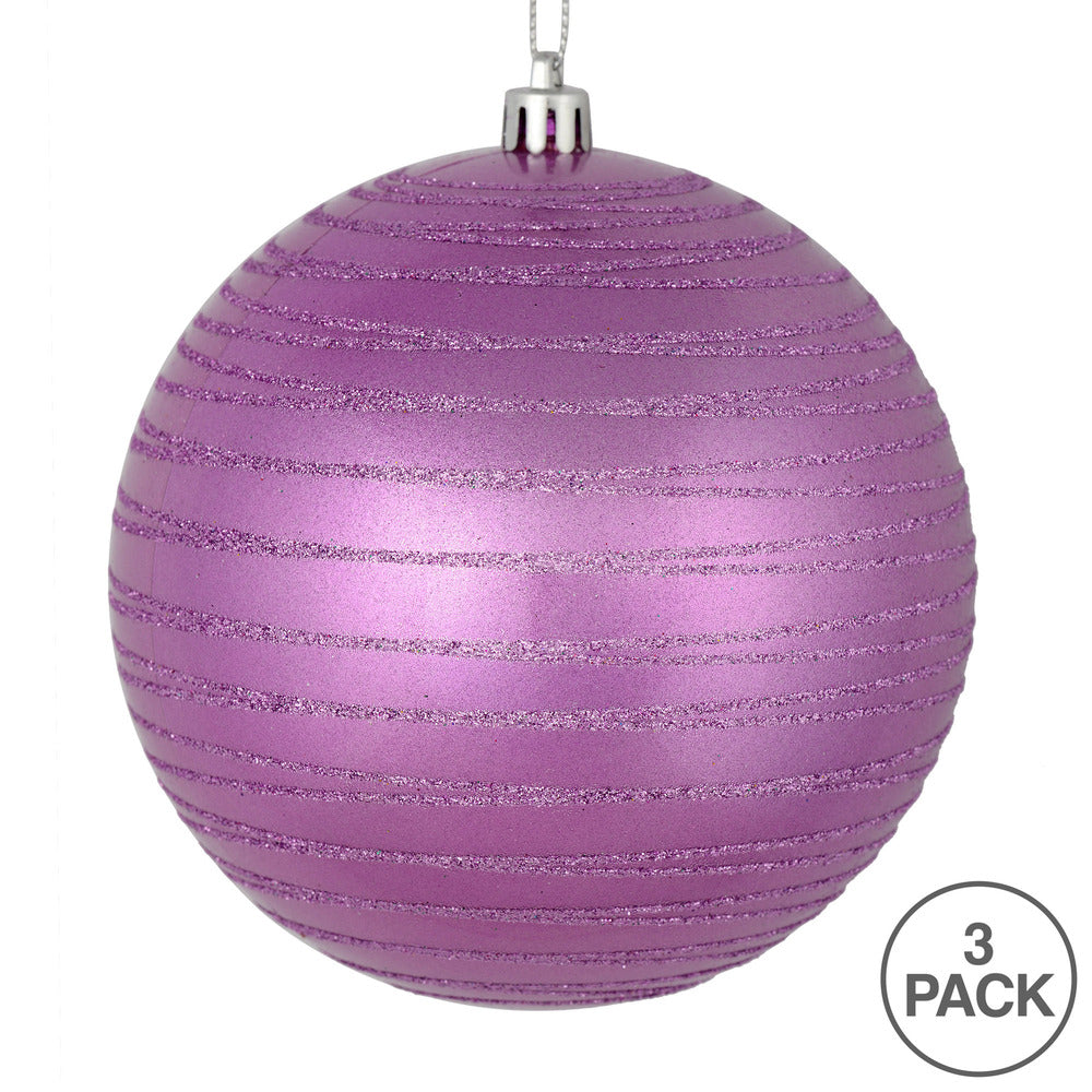 Vickerman 6" Orchid Candy Finish Ball Ornament with Glitter Lines 3 per Bag