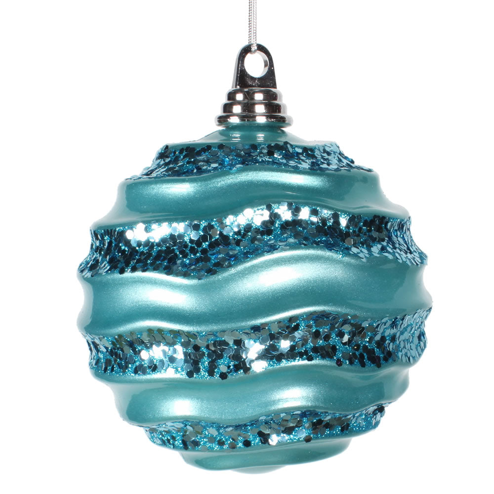 Vickerman 8' Turquoise Stripe Candy Finish Wave Ball Christmas Ornament with Glitter Accents