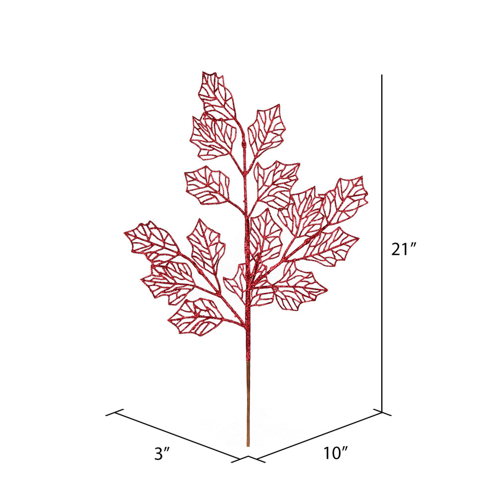 Vickerman 21" Burgundy Glitter Holly Leaf Lace Artificial Christmas Spray. Includes 12 sprays per pack.