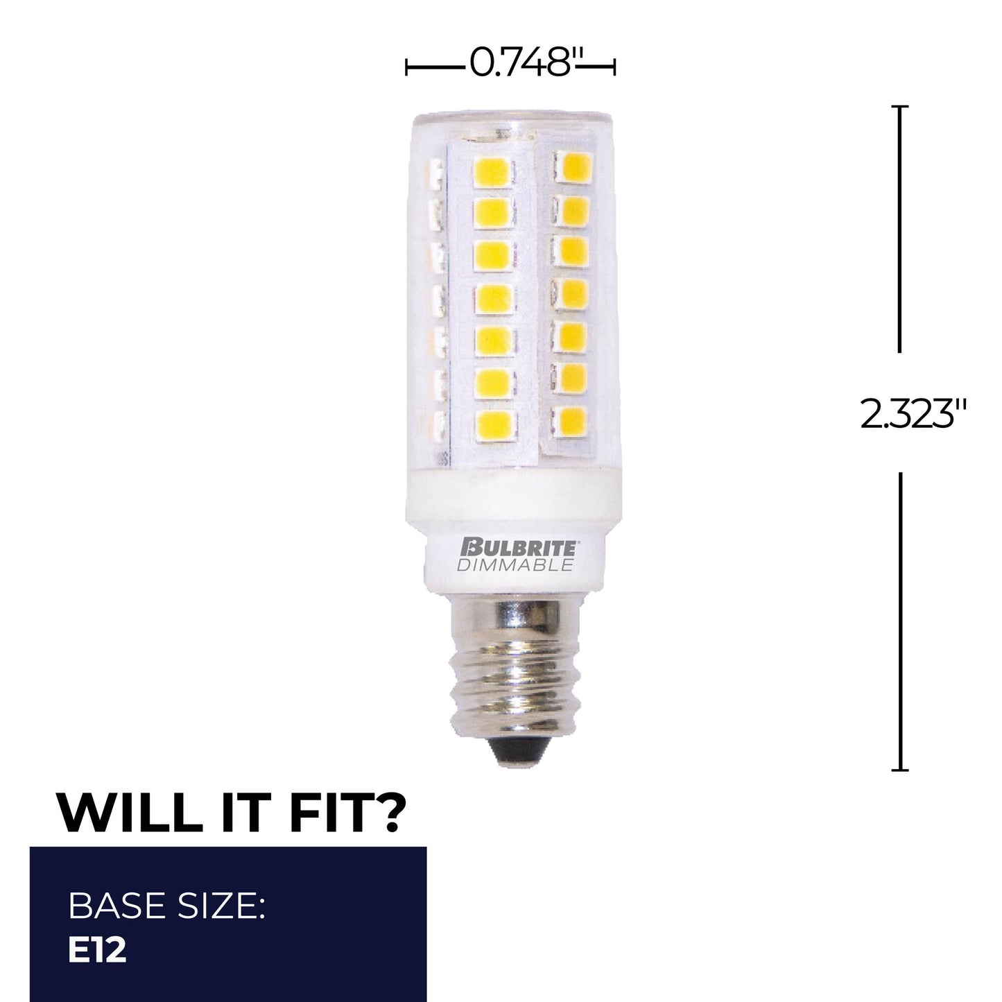 BULBRITE LED T6 CANDELABRA SCREW (E12) 5W DIMMABLE CLEAR 3000K/SOFT WHITE LIGHT 60W INCANDESCENT EQUIVALENT 2PK (770632)