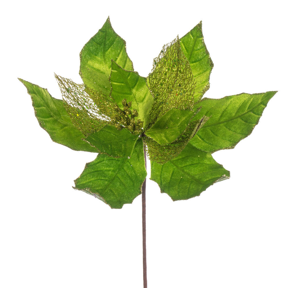 Vickerman 11" Lime Velvet and Glitter Mesh Poinsettia Flower on Stem 6 per bag.