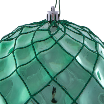Vickerman 6" Seafoam Green Shiny Form Ball Drilled Wired 4/Bag. Add texture and shimmer to your holiday decorating projects with this geometric shaped ball. It features glitter accents along the edges of the geometric pattern. This ornament contains a dri