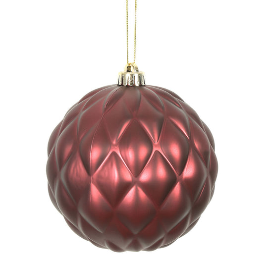 Vickerman 6" Burgundy Matte Round Pine Cone Ornament with drilled and wired caps. Comes 4 per Bag.