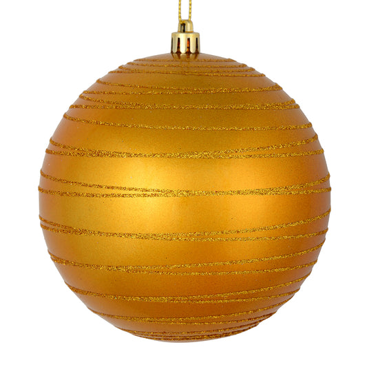 Vickerman 4.75" Antique Gold Candy Finish Ball Ornament with Glitter Lines 4 per Bag