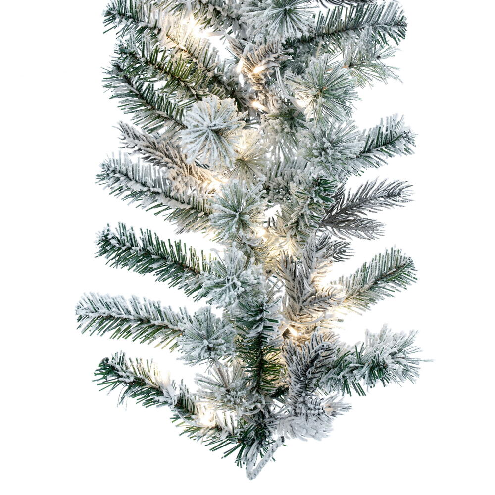 Vickerman 9' x 14' Flocked Kiana Artificial Christmas Garland with Warm White LED lights.
