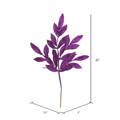 Vickerman 22" Purple Glitter BayLeaf Artificial Christmas Spray. Includes 12 sprays per pack.