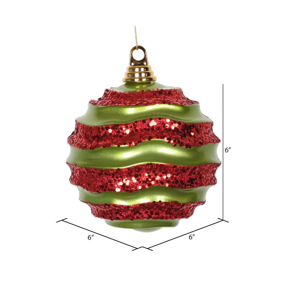 Vickerman 6" Lime and Red Stripe Candy Finish Wave Ball Christmas Ornament with Glitter Accents