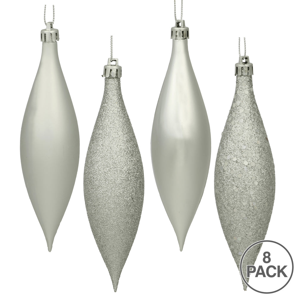 Vickerman 5.5" Silver Finial Drop Christmas Ornament Assorted 4 Finish 8 per Pack