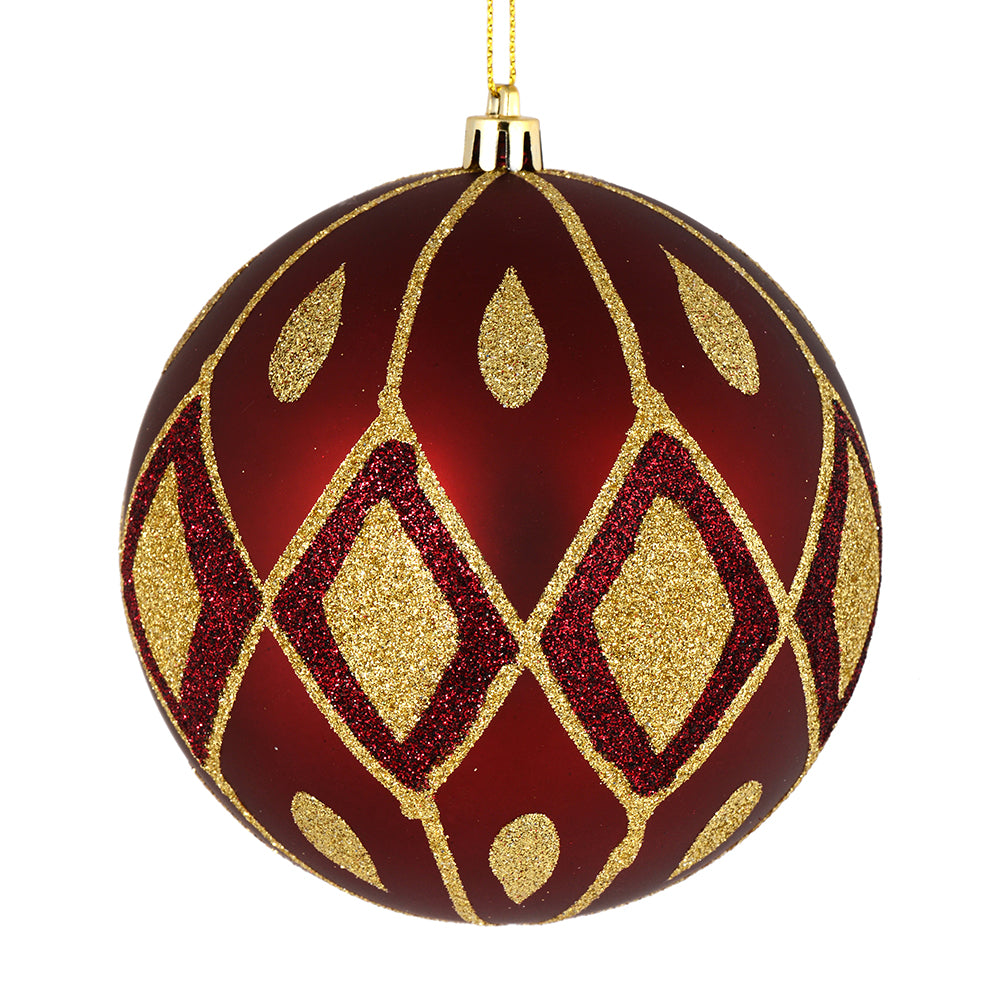 Vickerman 6" Wine Matte Ball with Glitter Diamond Pattern. Add variety and sparkle to your holiday arrangement with this matte ornament that features a glitter pattern. Includes 3 pieces per bag. Made with shatterproof plastic. Ornament has a drilled cap
