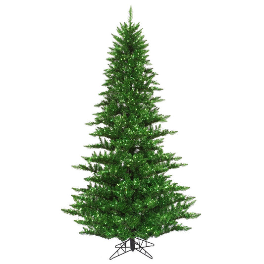 Vickerman 12' Tinsel Green Artificial Christmas Tree featuring 1650 Green Lights. Comes with a Metal Base and a convenient On/Off Step Switch to control the lights.