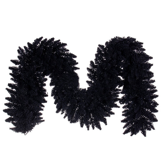 Vickerman 9' x 14" Flocked Black Fir Artificial Garland Unlit.