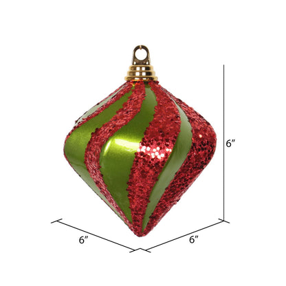 Vickerman 6'' Lime and Red Candy/Glitter Swirl Diamond Christmas Ornament