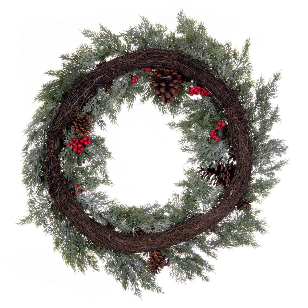 Vickerman 25" Artificial Green Cypress Cone Berry Wreath.