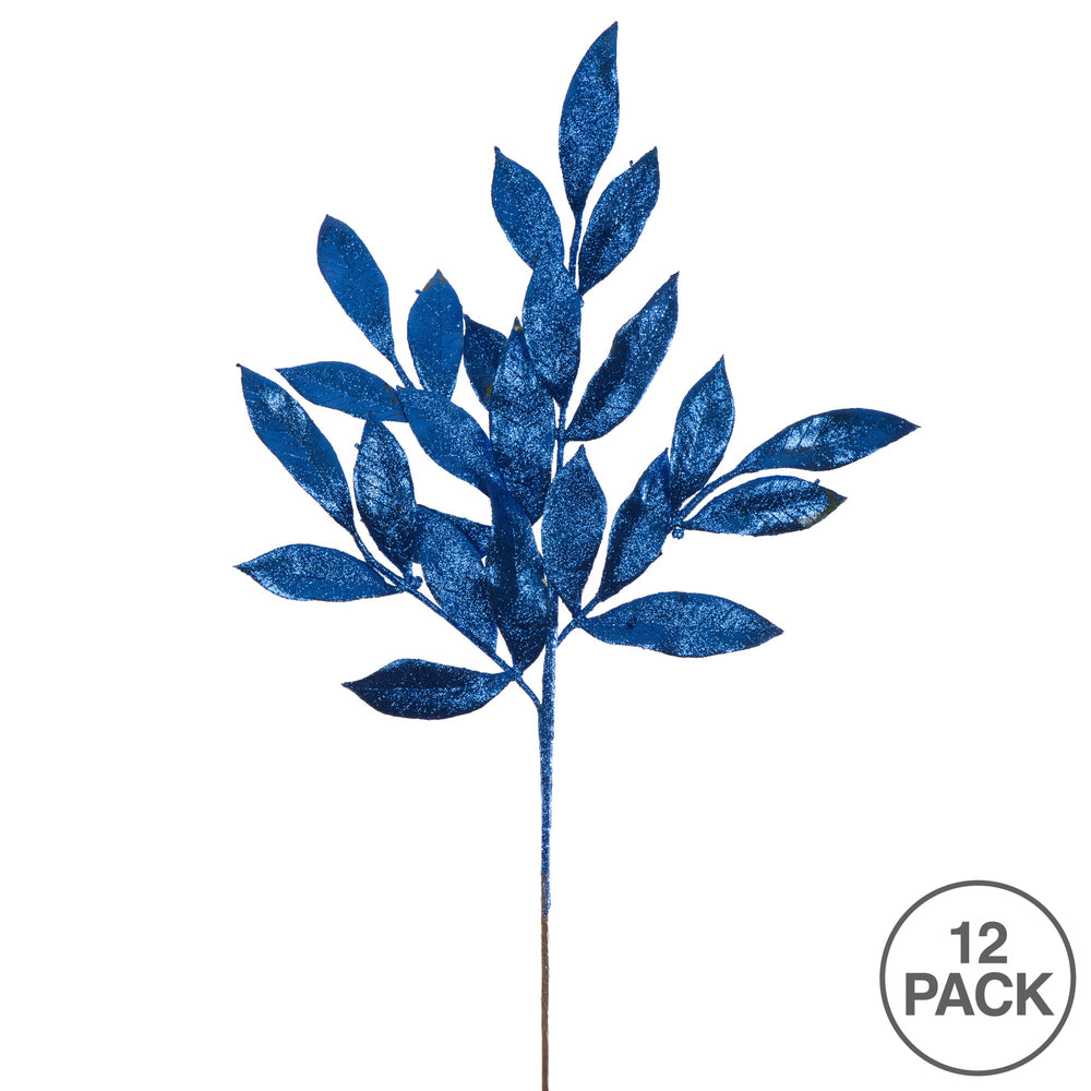Vickerman 22" Blue Glitter BayLeaf Artificial Christmas Spray. Includes 12 sprays per pack.