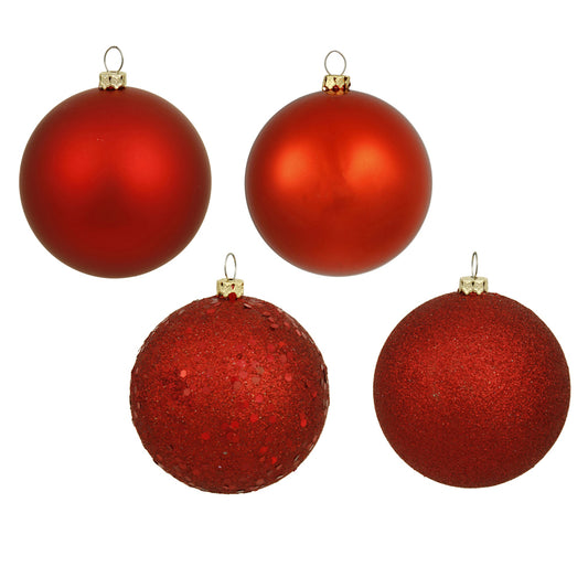 Vickerman 4" Red 4-Finish Ball Ornament Assortment 12 per Box